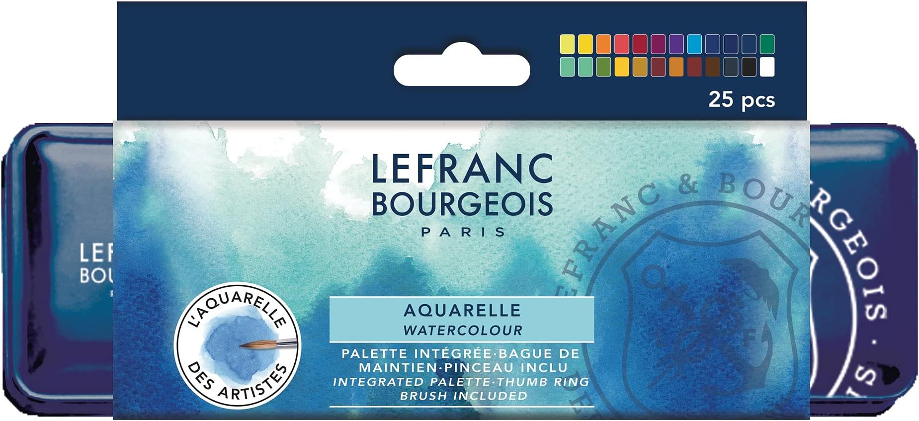 Lefranc Bourgeois 301446 Fine Watercolour Paint in Metal Box, 24 Vibrant Colours in 1/2 Bowls, 1 Squirrel Hair Brush No. 8
