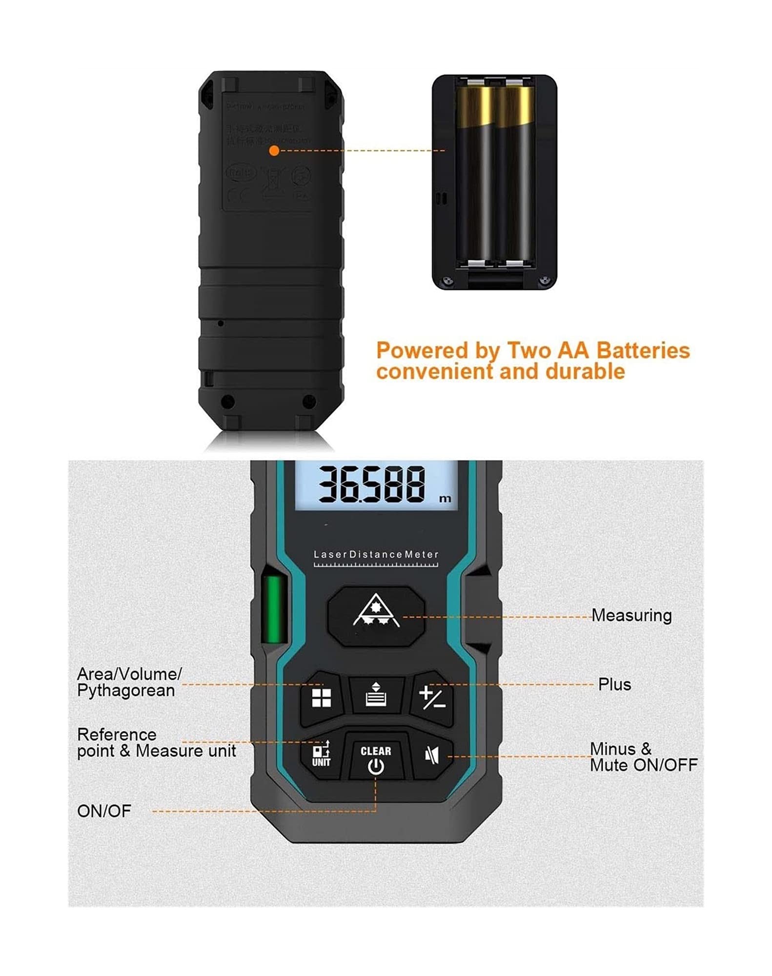 Compteur de distance sensible à la lumière 100m Mesurer la lumière étanche avec capteur d'angle électronique Mesure portable avec niveau de bulle avec écran LCD 4 lignes pour la zone de mesure Volume