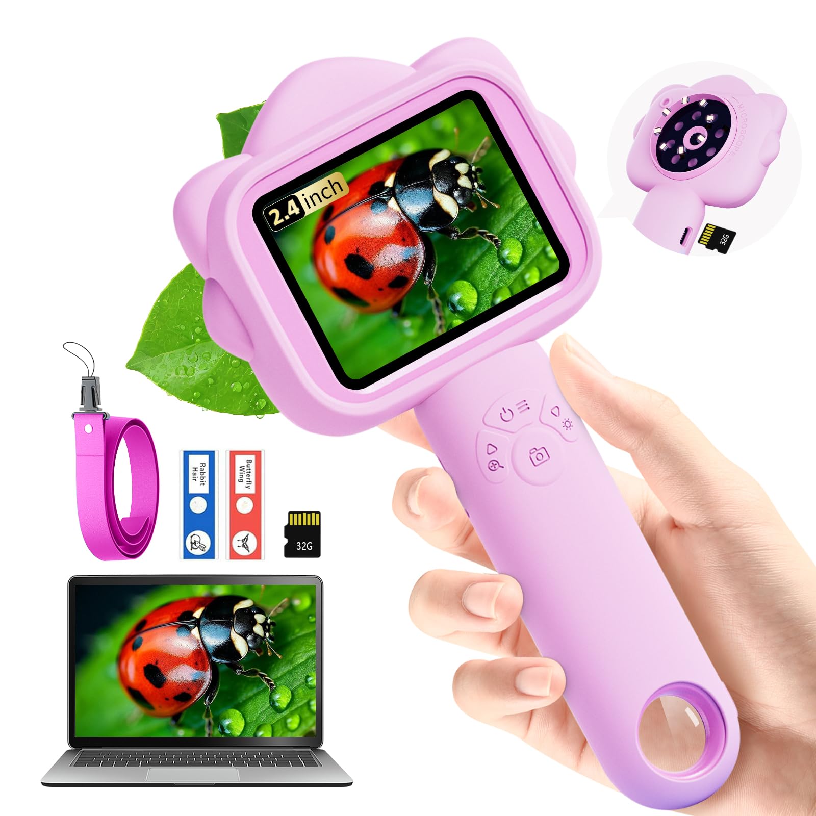 Microscopio para niños, microscopio para niños con diapositiva de muestra, kit de ciencia educativa, microscopios macro de enfoque fijo para niños, aumento de 500x, tarjeta SD de 32 GB incluida