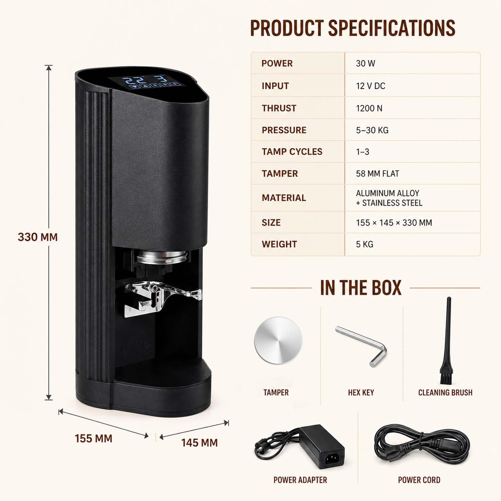 Pressino Elettrico per Espresso con Pressione Regolabile da 5 a 30 kg 58 Mm White