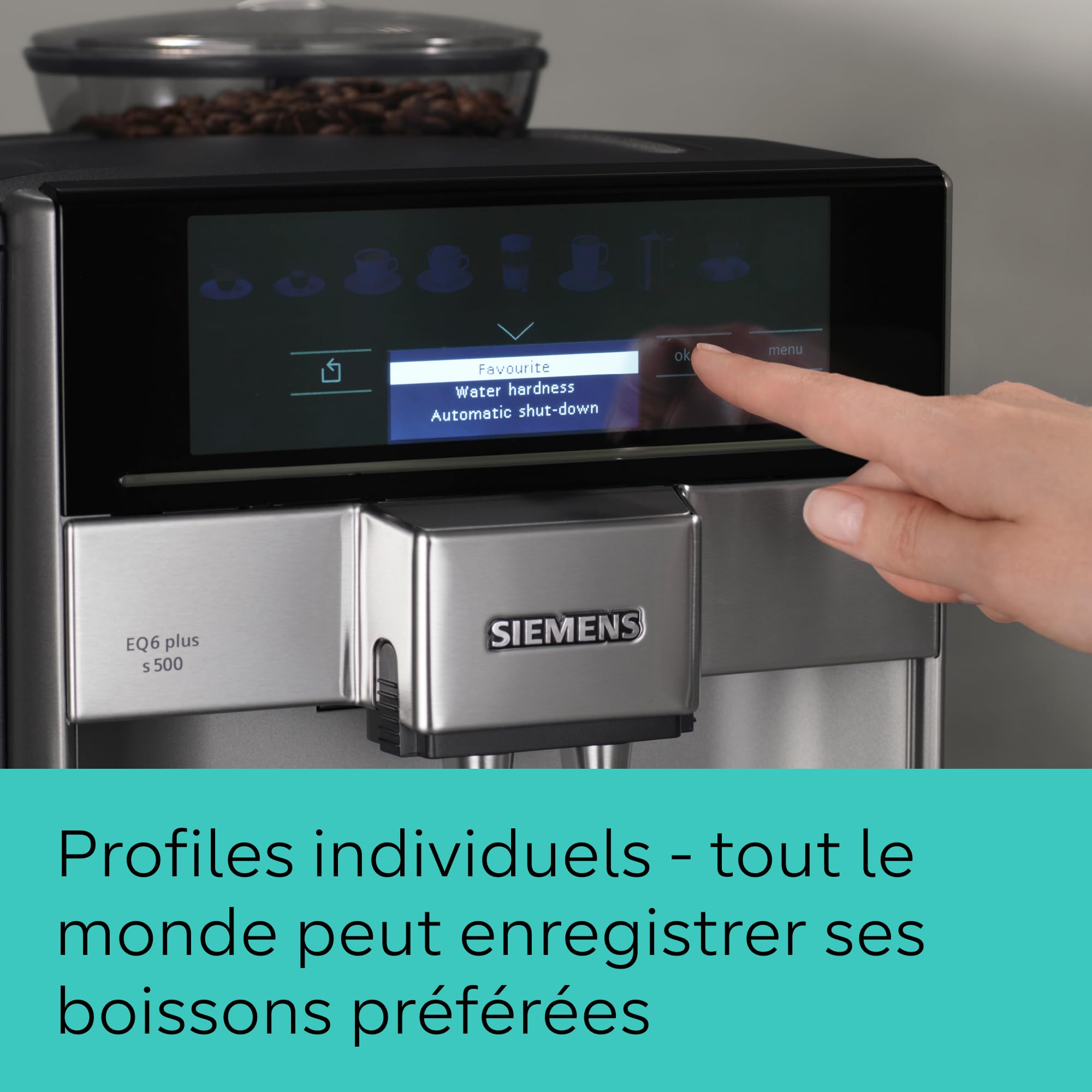 Siemens, machine à café automatique, système de lait, 12 boissons, nettoyage automatique du système de lait, broyeur en céramique, large écran tactile, EQ6 plus s500, TE655203RW