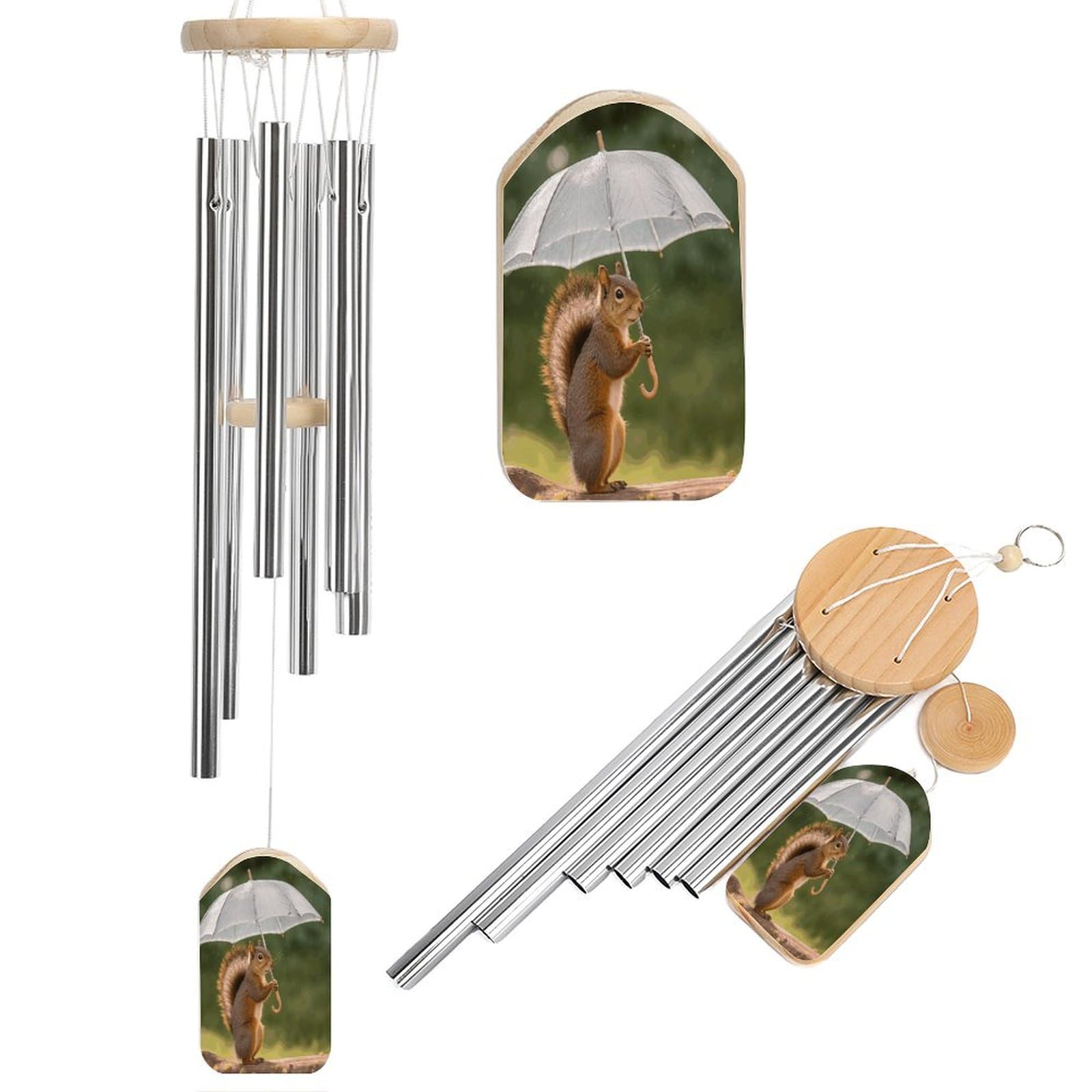 Outdoor Wind Chimes, Squirrel Hold A Umbrellas Printed Wind Chimes,Simple Wind Chimes,Curtain Wind Chimes for Home Decoration