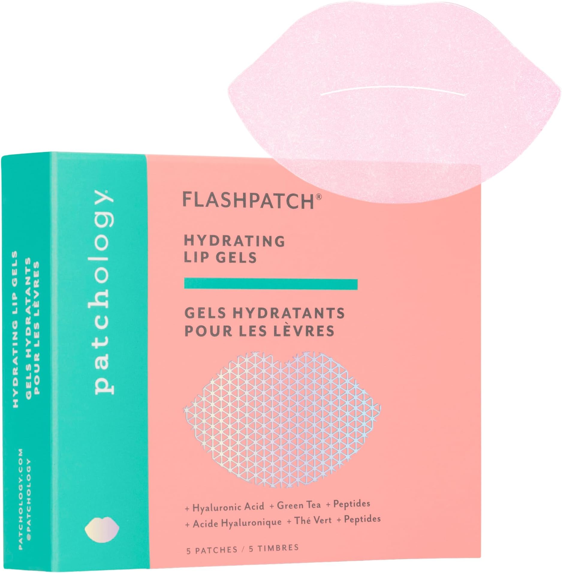Patchology FlashPatch Hydrating Lip Mask Gels with Hyaluronic Acid, Green Tea & Peptides – Ultra Moisturizing Lip Treatment for Dry Lips – Hydration & Repair (5 Count)