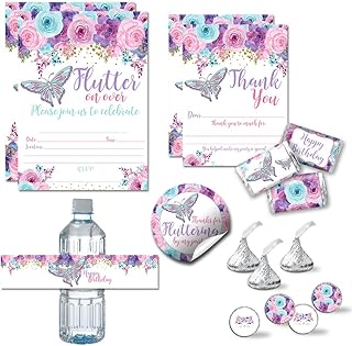 Deluxe Floral Butterfly Birthday Party Bundle Includes 20 each of Invitations & Thank You Cards with Envelopes + 2 Different Sizes of Stickers, Mini Candy Bar Wrappers, & Water Bottle Labels!