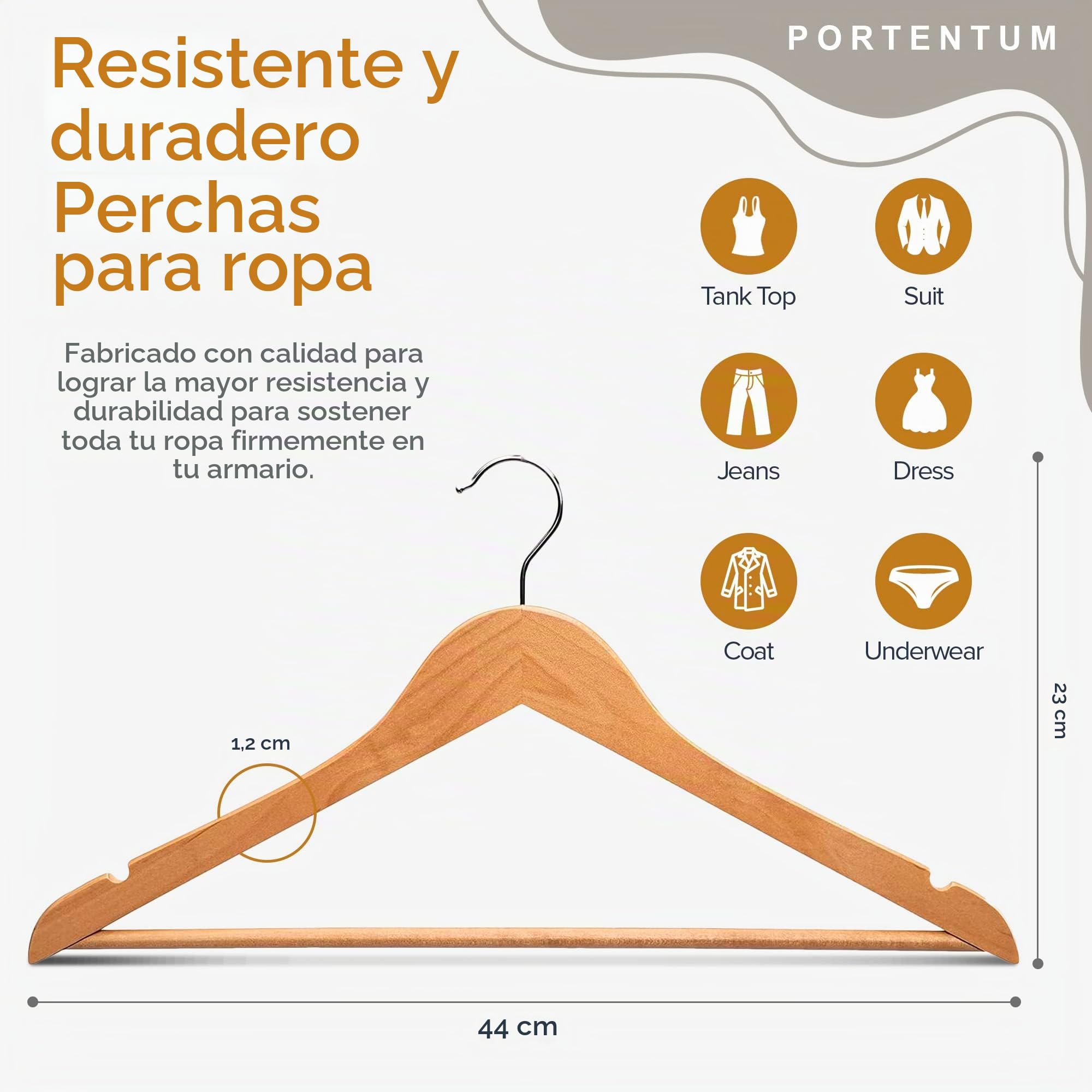 PORTENTUM Set de 20 Perchas de Madera para Ropa, Color Natural. Gancho Giratorio 360º, Perchas Pantalones, Colgador Antideslizante para Trajes, Chaquetas y Camisas, Muescas para Vestidos y Blusas