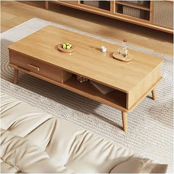 Low Table, Center Table, Living Table with Storage, Sitting Table, Steel, With Drawer, Nordic Style, Simple, Easy Assembly, Space Saving, Durable, Wood Color, 39.4 x 19.7 x 16.5 inches 100 x