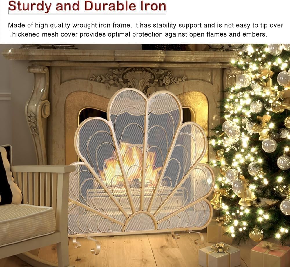 New Single Panel Fire Guards for Wood Burning Fireplace, 38"" W X 32"" H Peacock-Shaped Fireplace Screen Partition, Heat Resistant Stand Alone Fire Gate