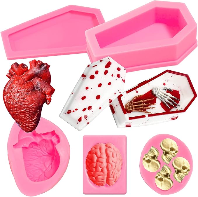 Whaline 4Pcs Halloween Silicone Molds Kit Coffin Resin Mold 3D Skull Organ Resin Casting Moulds Heart Brain Fondant Candy Mold for DIY Craft Chocolate Ice Cube Cake Topper Decor Soap Jelly, Pink
