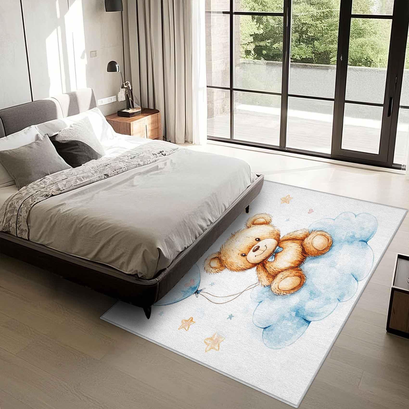 Niedlicher Teddybär-Kinderteppich (70 x 180 cm) mit Sternen- und Wolkenmotiv, waschbar rutschfest Teppich, ideal zum Krabbeln und für Jungen- und Mädchenzimmer.