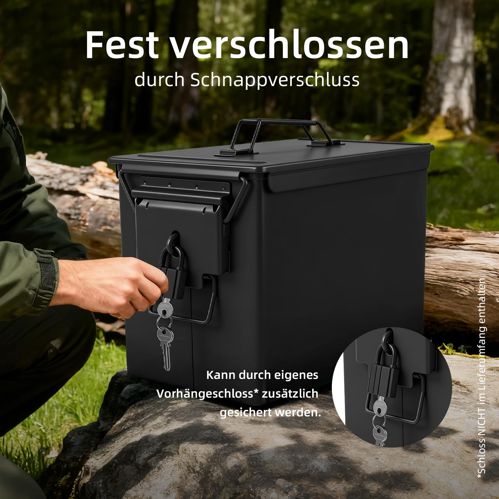 Trucky Munitionsbox Ammo Box 33x19x23 cm Metallkiste Munitionskiste Metallbox Aufbewahrungsbox mit Deckel Army Schwarz Metall