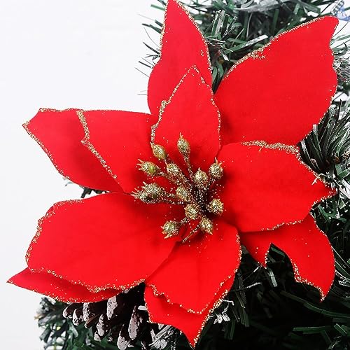 Miniatura 6 de zorpia 12 piezas de 5.1 in para árbol de Navidad decorativo de seda, arbusto de nochebuena dorada y arbusto de nochebuena roja, flores artificiales