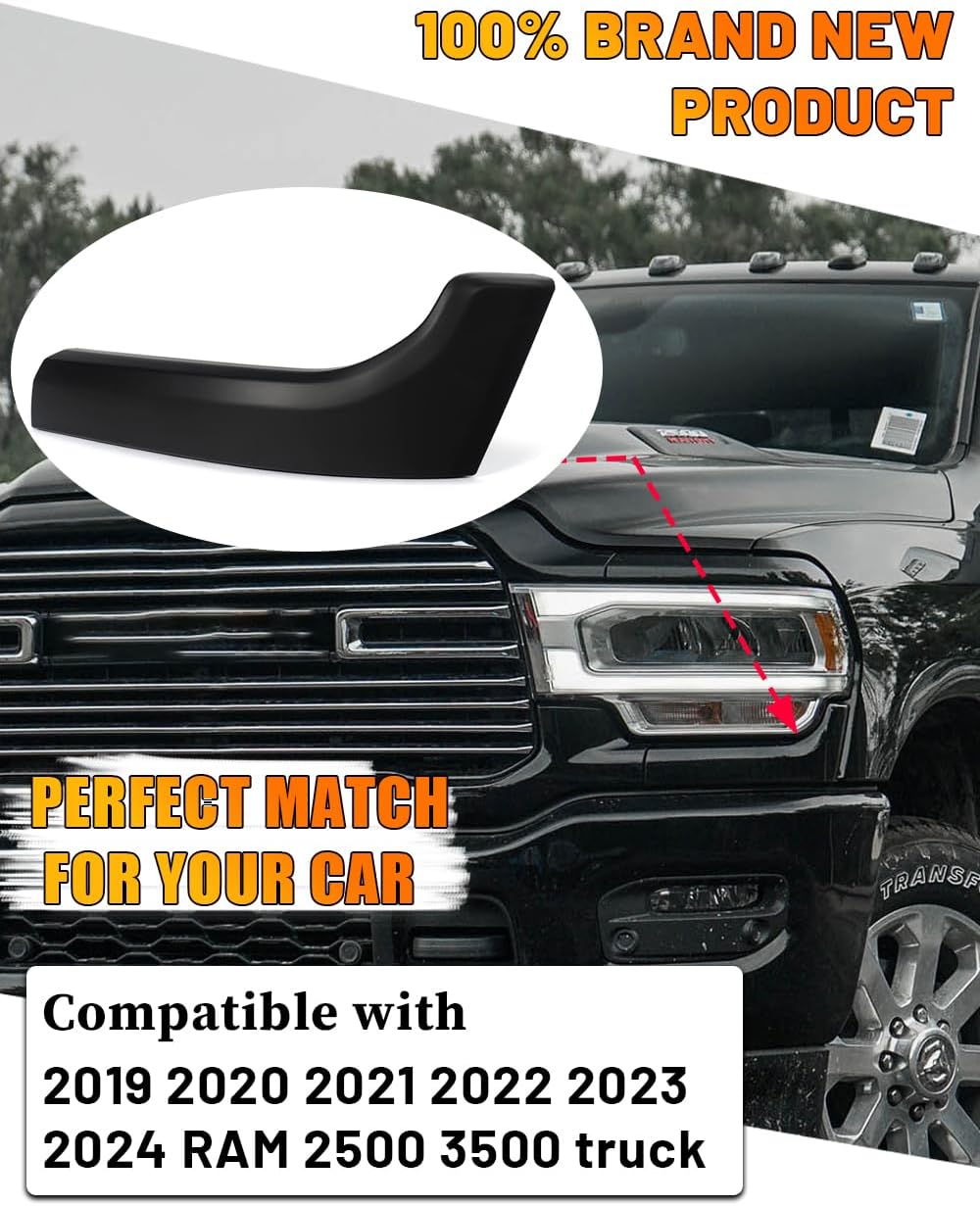 Chrome Front Bumper Filler Headlight Molding Trim Compatible with 2019-2024 Dodge Ram 2500 3500 Left Drive Side Lower Headlamp Retainer Replace for 6NB301Z0AB