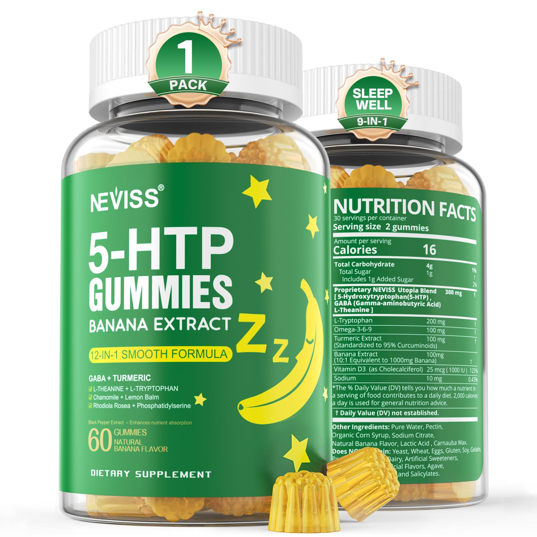 NEVISS 1Pack 5-HTP Gummies + GABA - Melatonin Free - Relaxation Gummies with Banana Extract, L-Theanine,L-Tryptophan, Vitamin D3 for Healthy Rest Cycle & Circadian Rhythm,Brain Function & Muscle Relax