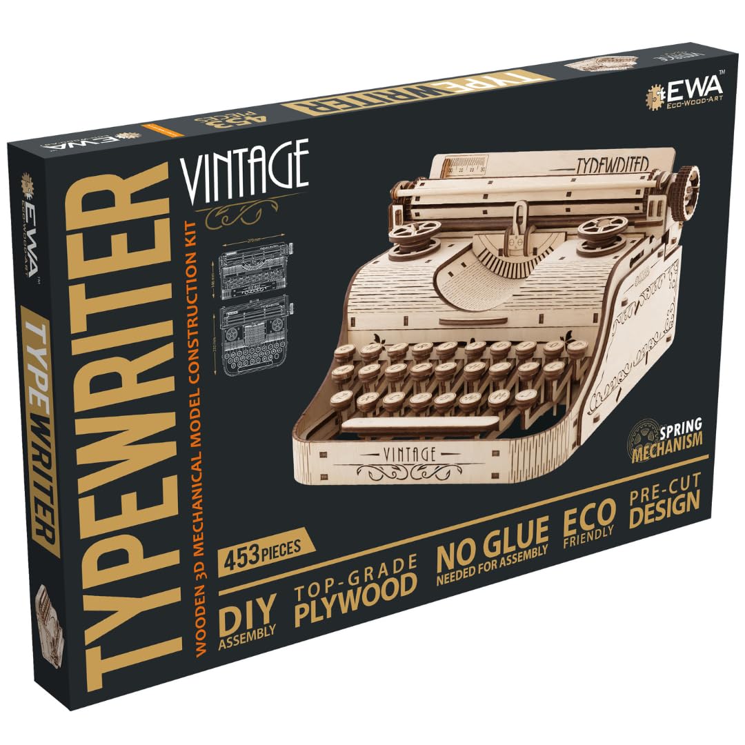 EWA Eco-Wood-Art - Typewriter- Puzzle 3D en Bois - Casse-tête pour Adultes et Adolescents -à Monter soi-même sans Colle- 453 pièces