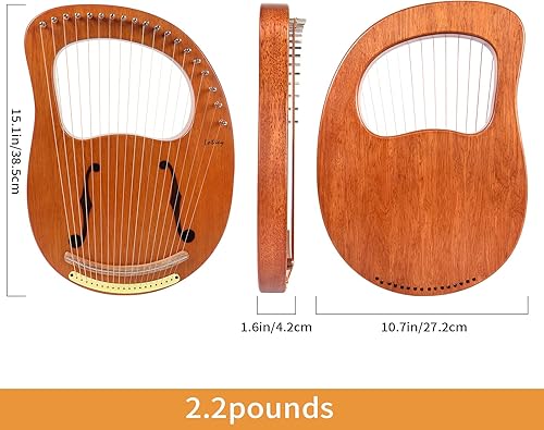 Miniatura 43 de Arpa de lira, Lotkey 23 cuerdas de metal, cuerpo de caoba y tablero de abeto sólido, arpa de lira con llave de afinación, cuerdas de extracción