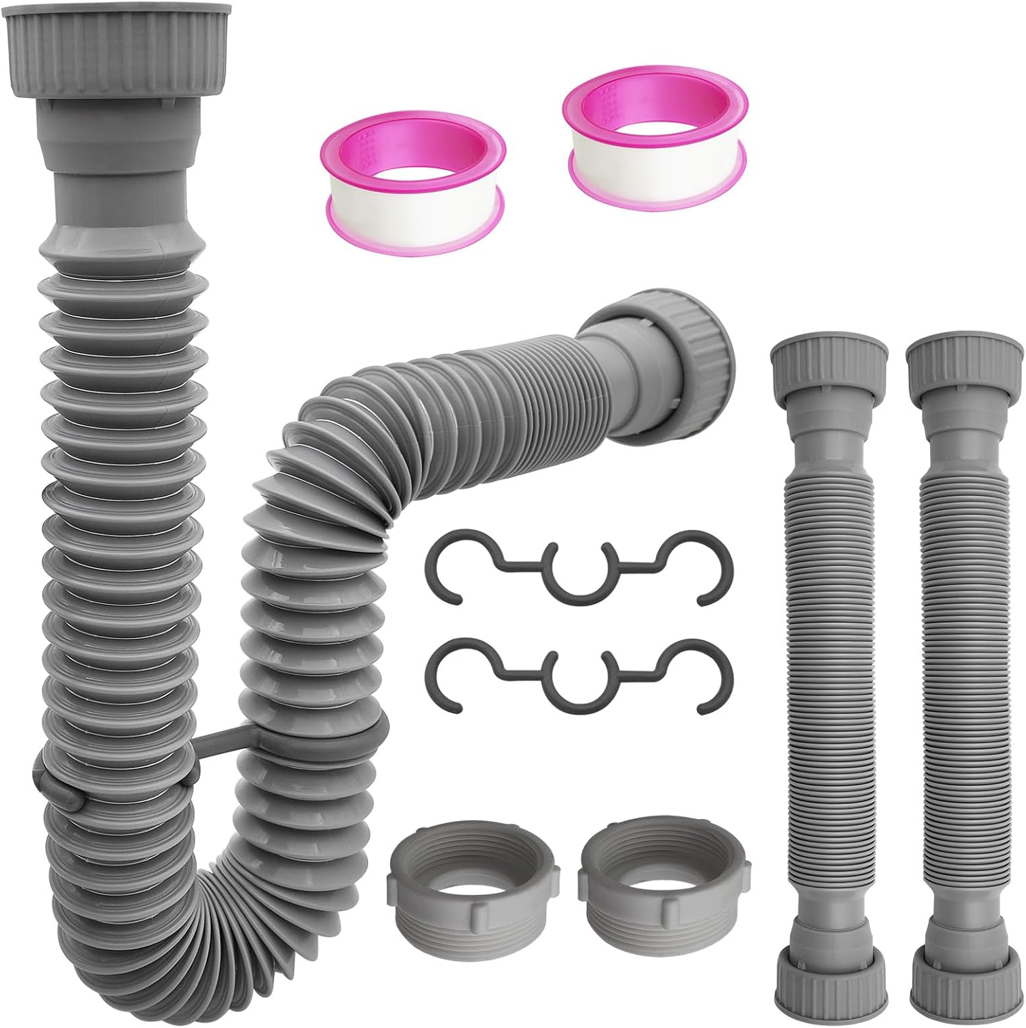 2-Pack Flexible Sink Drain Pipes with P-Trap - With Compatibility for Both 1 1/4" and 1 1/2" Sink Openings, Fit For Kitchen and Bathroom Sink, The Silicone Nut Leak-Proof