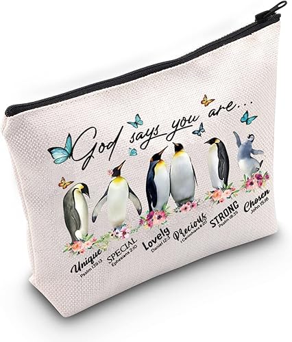 WZMPA Bolsa de maquillaje de pingüino, regalo para amantes de los pingüinos, Dios dice que eres único, especial, preciosa, fuerte, con cremallera,