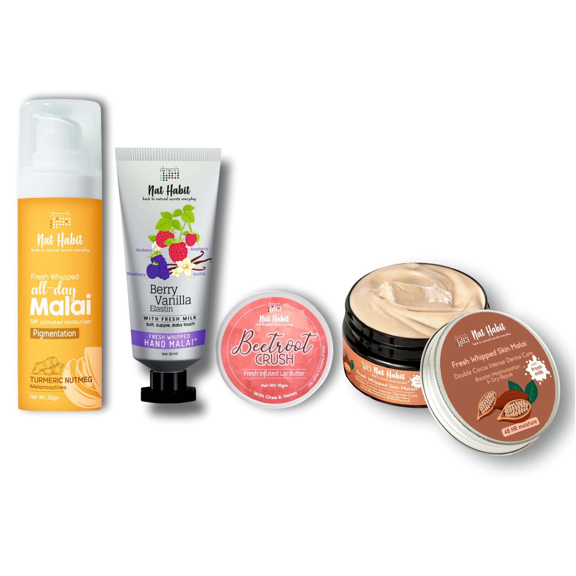 Nat Habit Winter Care Combo | Double Cocoa Body Moisturiser, Berry Vanilla Hand Cream, Turmeric Face Malai, Beetroot Lip Balm | Intense Hydration & Nourishment for Dry Skin
