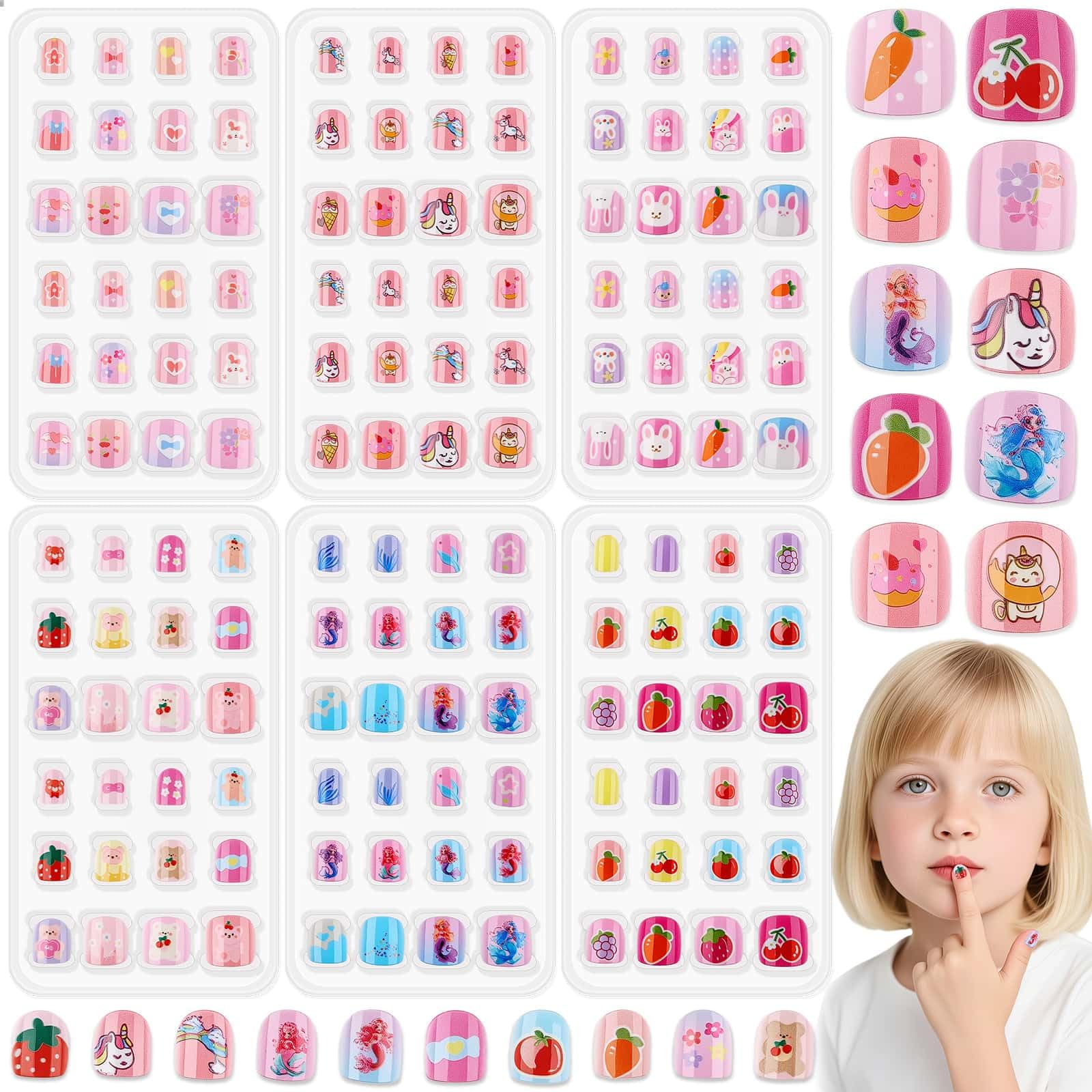 Photo 1 of 144 Pcs Small Kids Nails Set, Thrilez 6 Pack Mini Press on Nail Pre-glue Artificial False Acrylic Nails Set for Little Girl Children