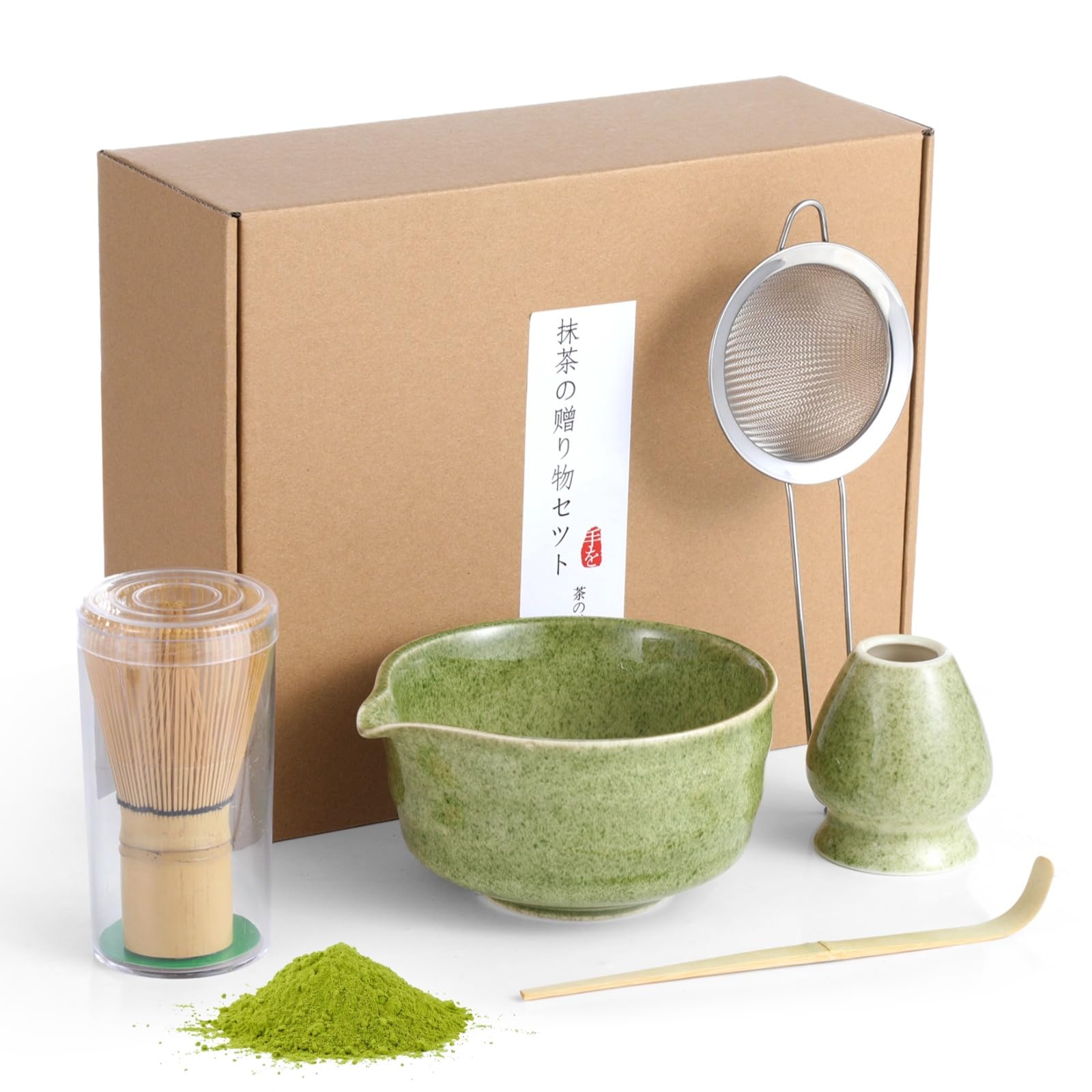 Japanese Matcha Whisk Set, 5 Pcs Japanese Tea Set with Ceramic Matcha Bowl, Whisk, Whisk Holder, Bamboo Scoop, and Stainless Steel Sifter, Jade Green Matcha Kit, Japanese Tea Tools