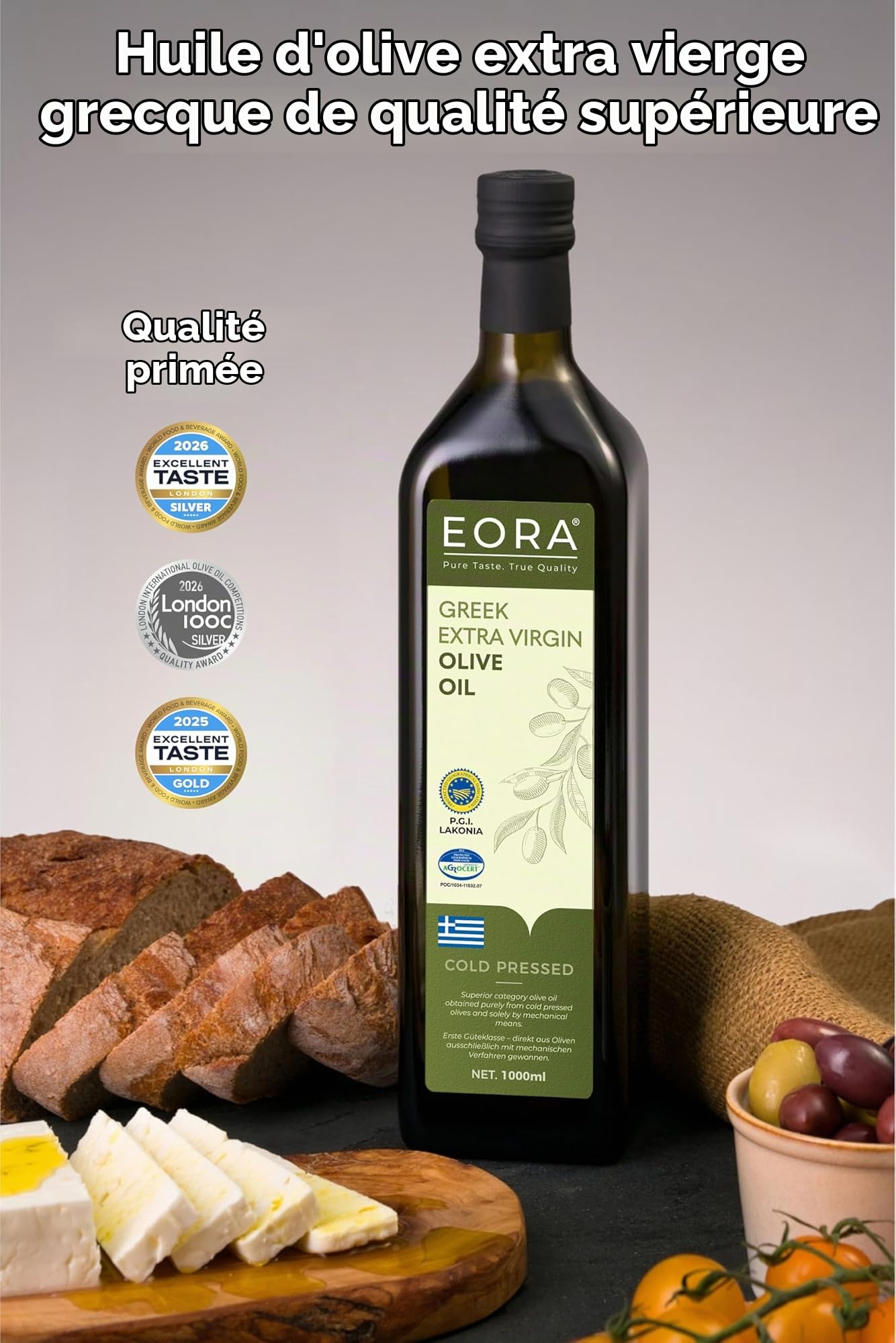EORA Huile d’Olive Extra Vierge Grecque Premium 1L (Nouvelle Récolte 25/26) – Haute teneur en polyphénols, extraite à froid, très faible acidité ~0,35% – origine unique IGP Lakonie, Grèce