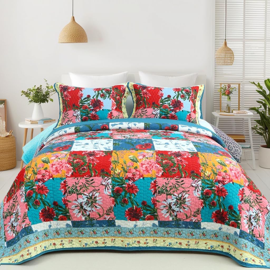 EVENHUG 100% Cotton Patchwork Quilt Queen Size Set Lightweight Floral Queen Quilts Bedding Set Bedspread Coverlet Reversible Bed Cover with Pillow Shams for All Seasons 3 Pieces (92"X96") - Image 7