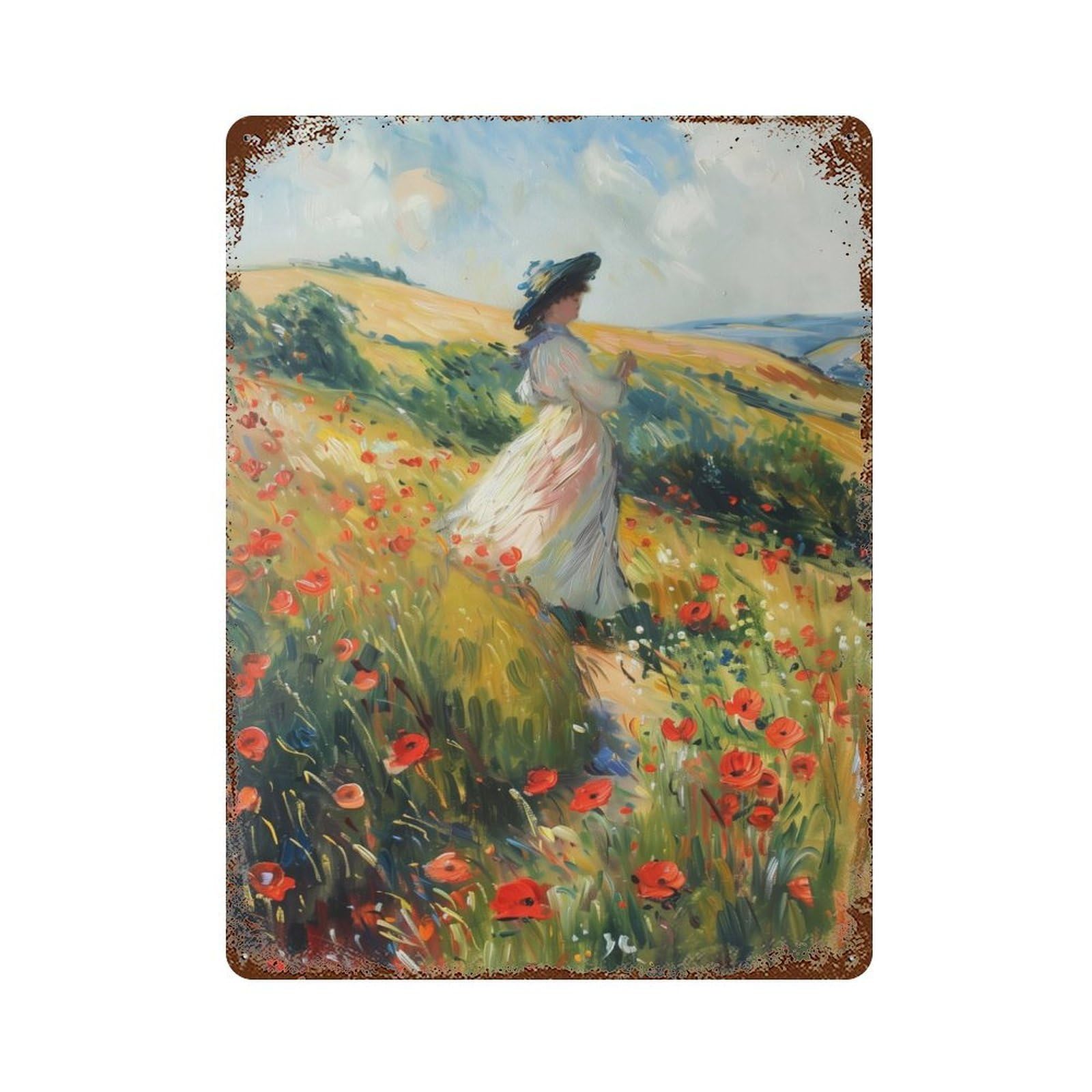 Retro Metal Sign with Poppy Field Design 15.7"x11.8", for Living Room, Hallway And Home Decor, Vintage Wall Decor