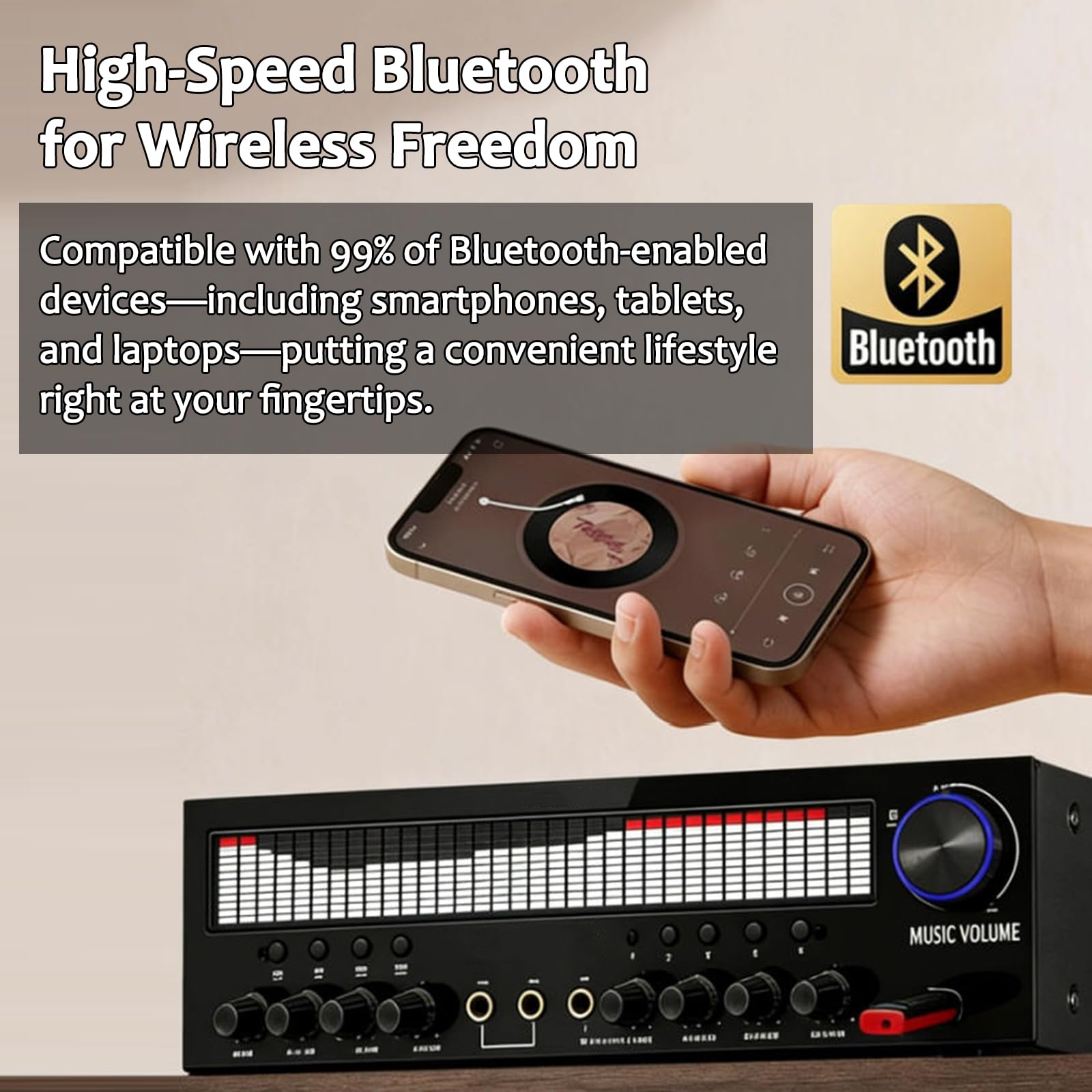 Amplificador De Audio Estéreo, Amplificador Bluetooth 6.0 para El Hogar, Receptor De 5 Canales, 3 Entradas De Micrófono, con Dsp, Entradas USB/aux/óptica/coaxial, Mando A Distancia