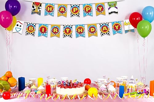 Miniatura 4 de Cartel de cumpleaños de Toy Theme Story para niños y adultos, pancarta inspirada en juguetes para decoración y suministros de fiesta de cumpleaños,