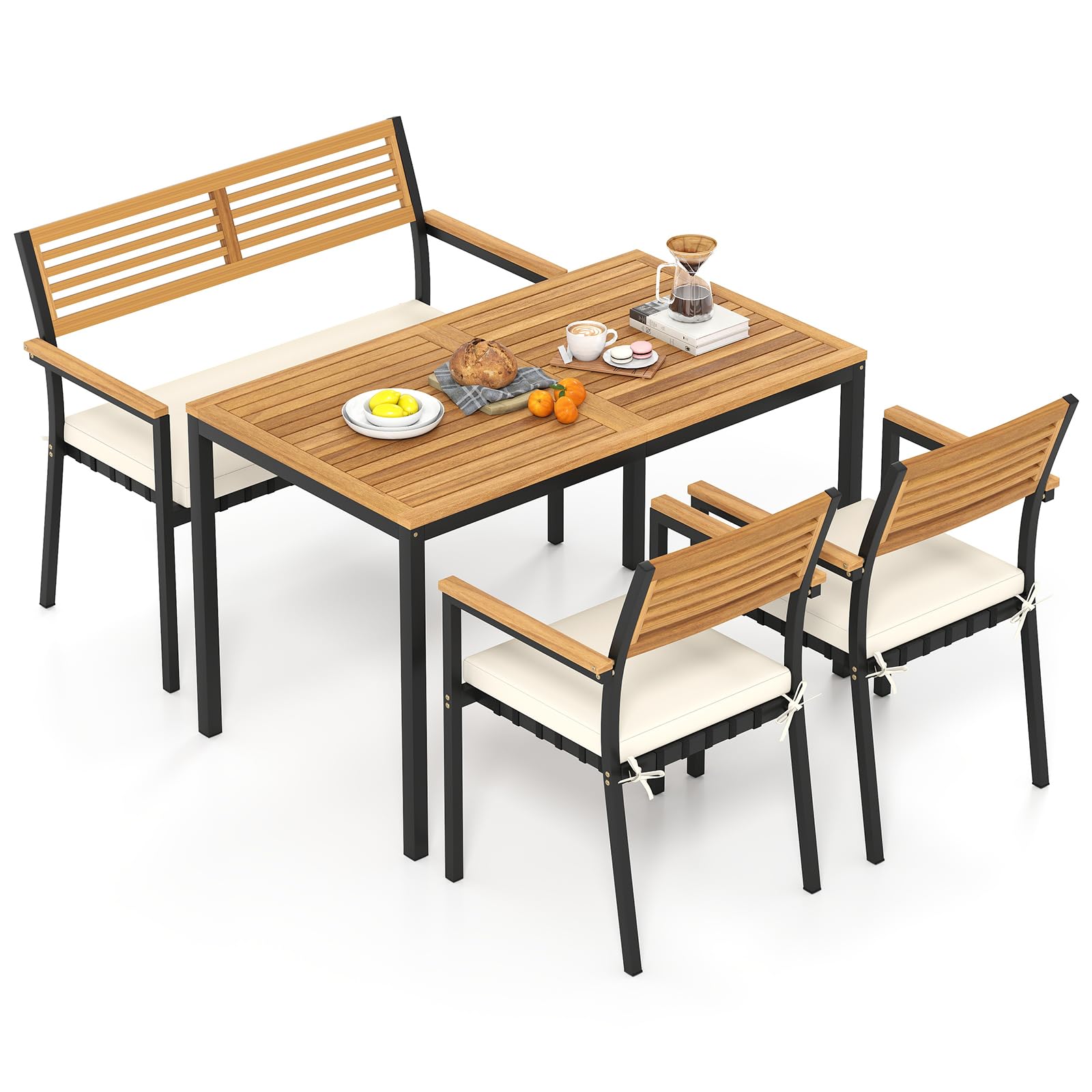 COSTWAY Gartenmöbel Set, Terrassenmöbel inkl. Gartentisch mit Schirmloch, Sitzbank & 2 stapelbare Gartenstühle mit Kissen, Sitzgruppe für 4 Personen, Gartengarnitur, Sitzgarnitur, Outdoor Essgruppe