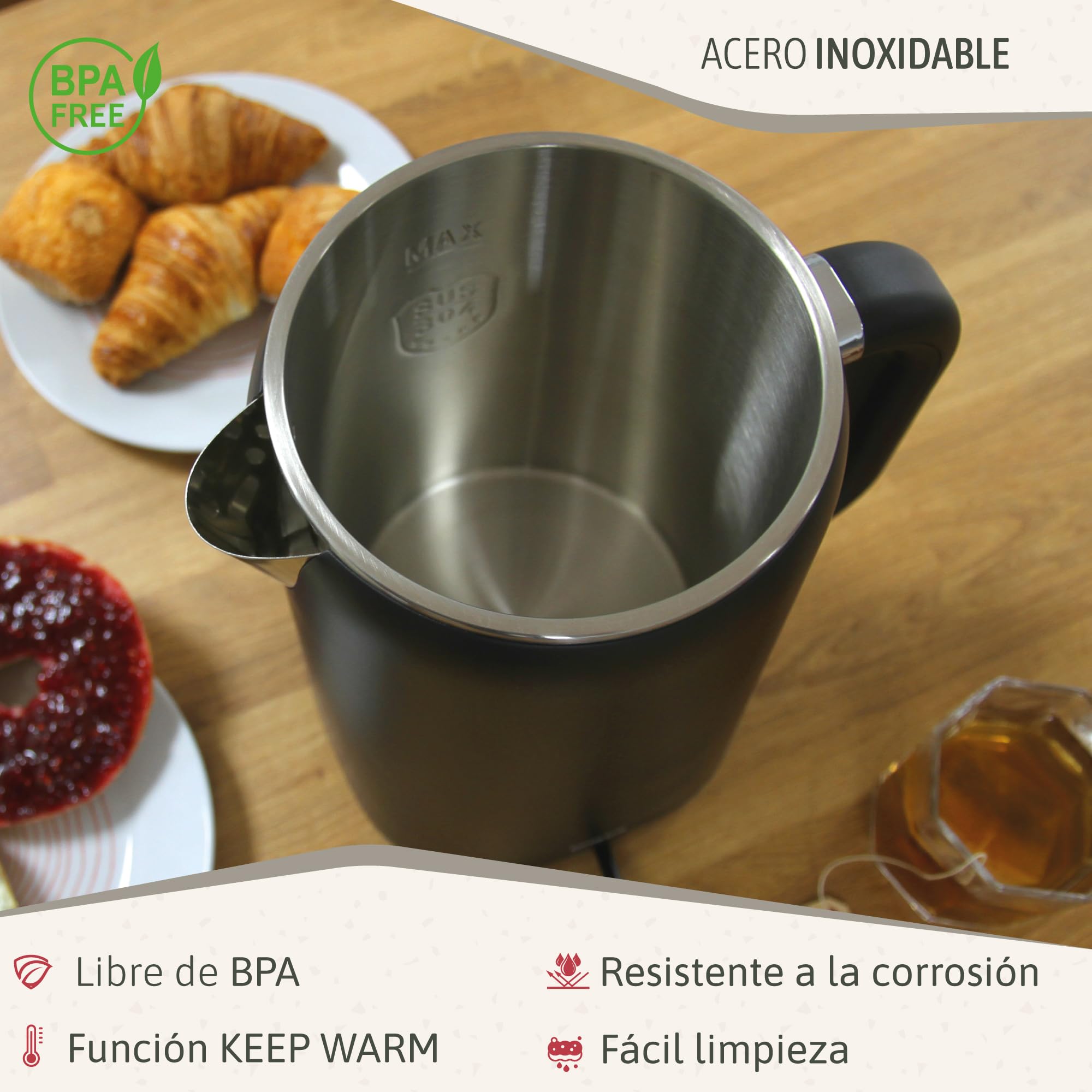 briebe eBoil Hervidor Agua Eléctrico 1,7L Regulador de Temperatura Digital 45°C a 100°C Función Keep Warm, 1500W, Interior Acero Inox, Libre de BPA, Base de 360°, Controlador Strix, Negro