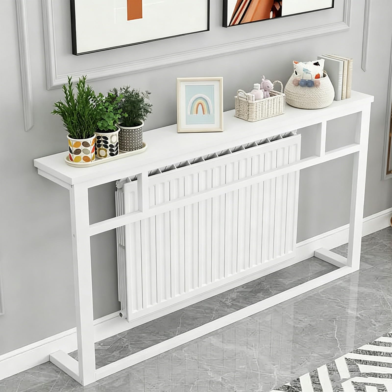 Étagère de radiateur blanche avec dessus en acier et dessus en bois massif – Dissipation efficace de la chaleur, assemblage facile, parfait pour les petits et les appartements – 200 x 15 x 89,9 cm