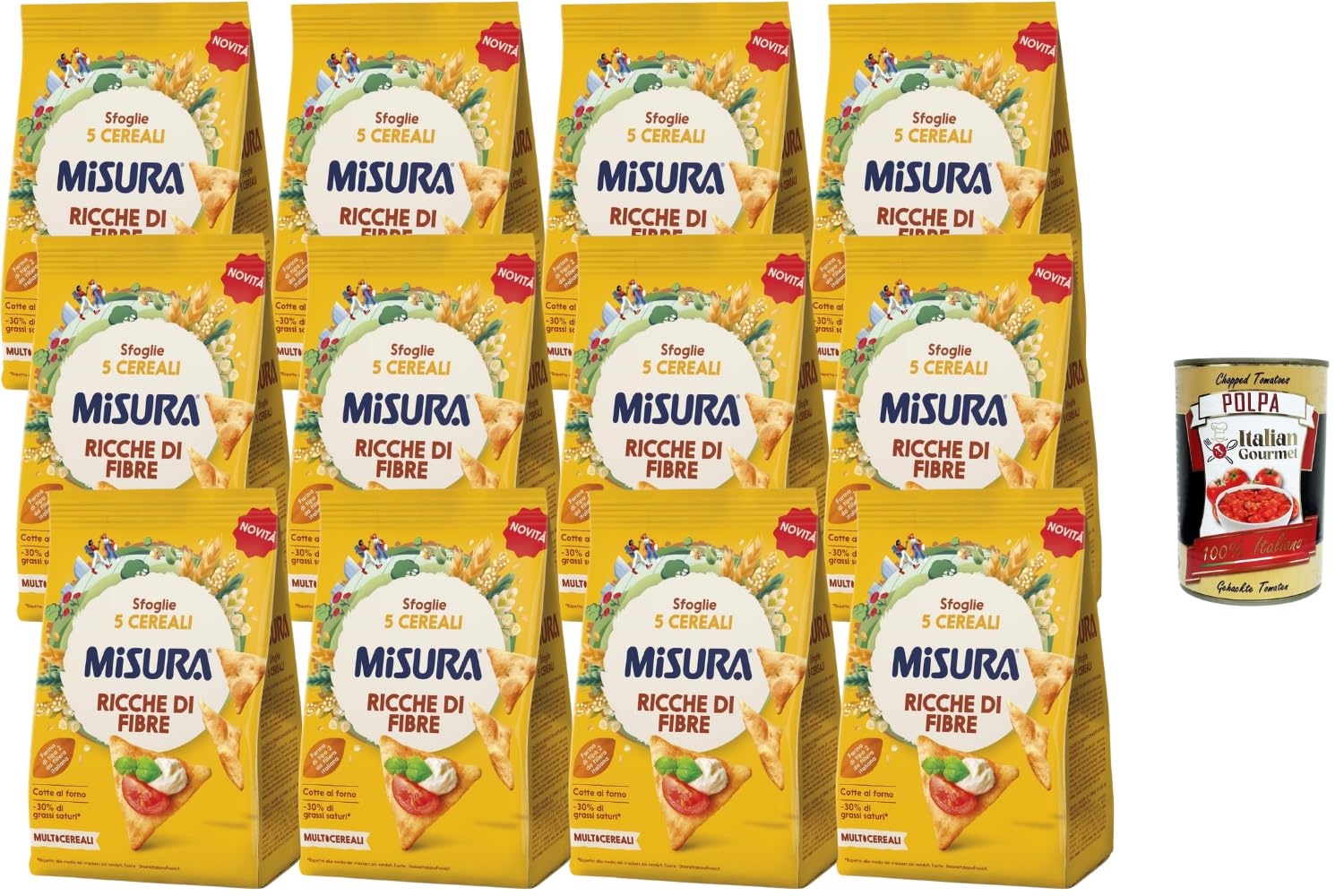 Italian Gourmet Bundle Ballaststoffreiche 5-Cerealien-Cracker 12x 170g + Italian Gourmet Polpa Gratis – Italienische Sfoglie Multicereali, ofengebackenes Snackgebäck für Aperitivo & Dips 2,04kg