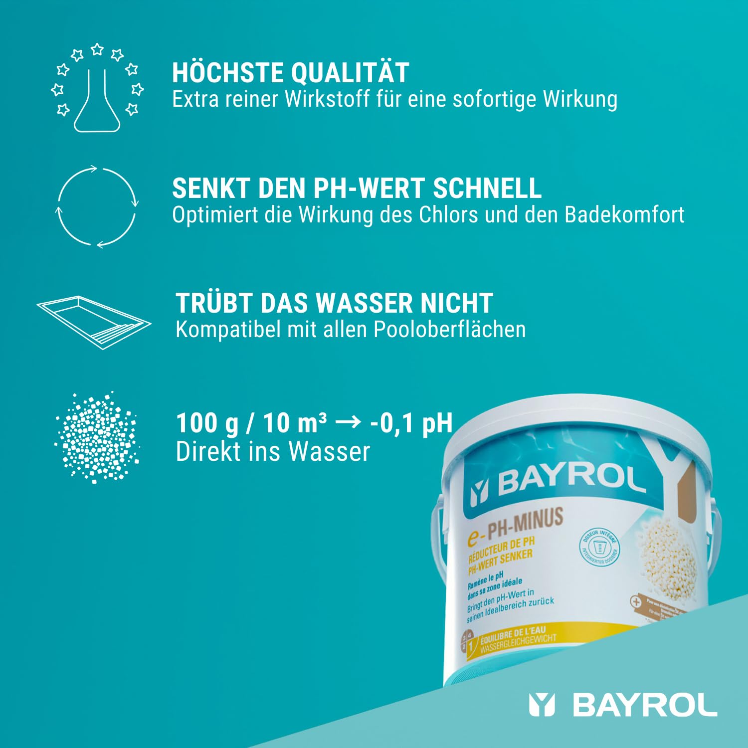 BAYROL e-pH-Minus Granulat 2 x 6 kg - senkt schnell einen zu hohen pH Wert im Pool - inkl. Dosierbecher - pH Senker - pH Regulierung Pool