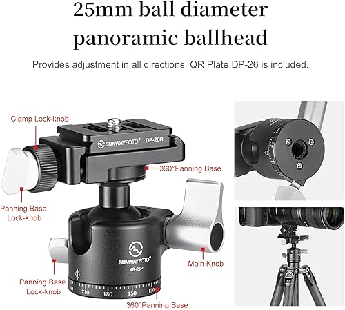 Miniatura 5 de Sunwayfoto Trípode de cámara de fibra de carbono de la serie simplificada con cabeza de bola, kit de trípode de viaje fácil de transportar