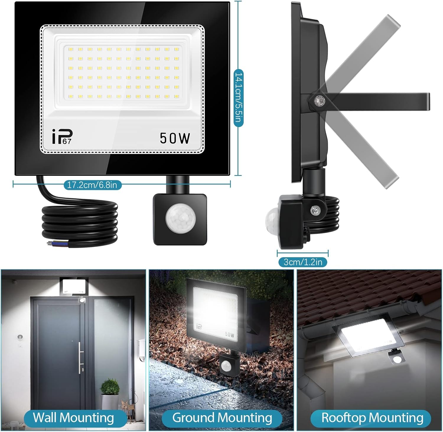 100W LED Strahler mit Bewegungsmelder Außen 2PC，Superhell 10000LM LED Scheinwerfer，7000K Kaltweiß Scheinwerfer， IP67 Wasserdichte Außenstrahler，für Hinterhof,Garage,Flur