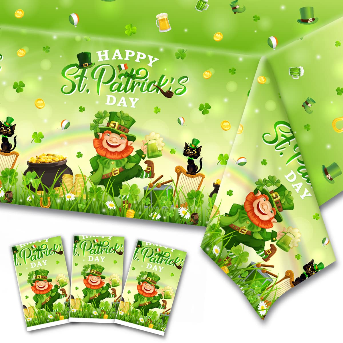 3Pcs St. Patrick's Day Tablecloths-Leprechaun Shamrock Plastic Table Covers Green Patricks Party Supplies Happy St Patrick's Day Table Cloths