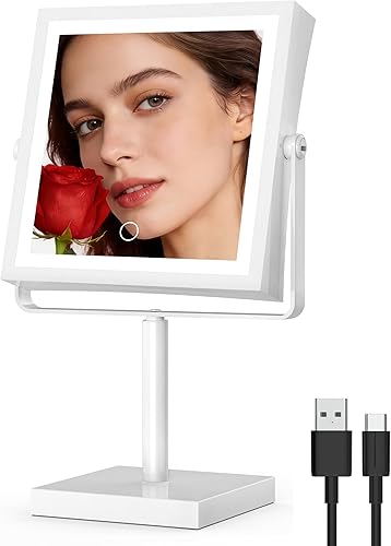 Miniatura 12 de Ruacq Espejo de tocador con luces, altura y brillo ajustables, recargable de 4000 mAh, espejo de maquillaje iluminado con aumento 1X/10X, 3 luces de