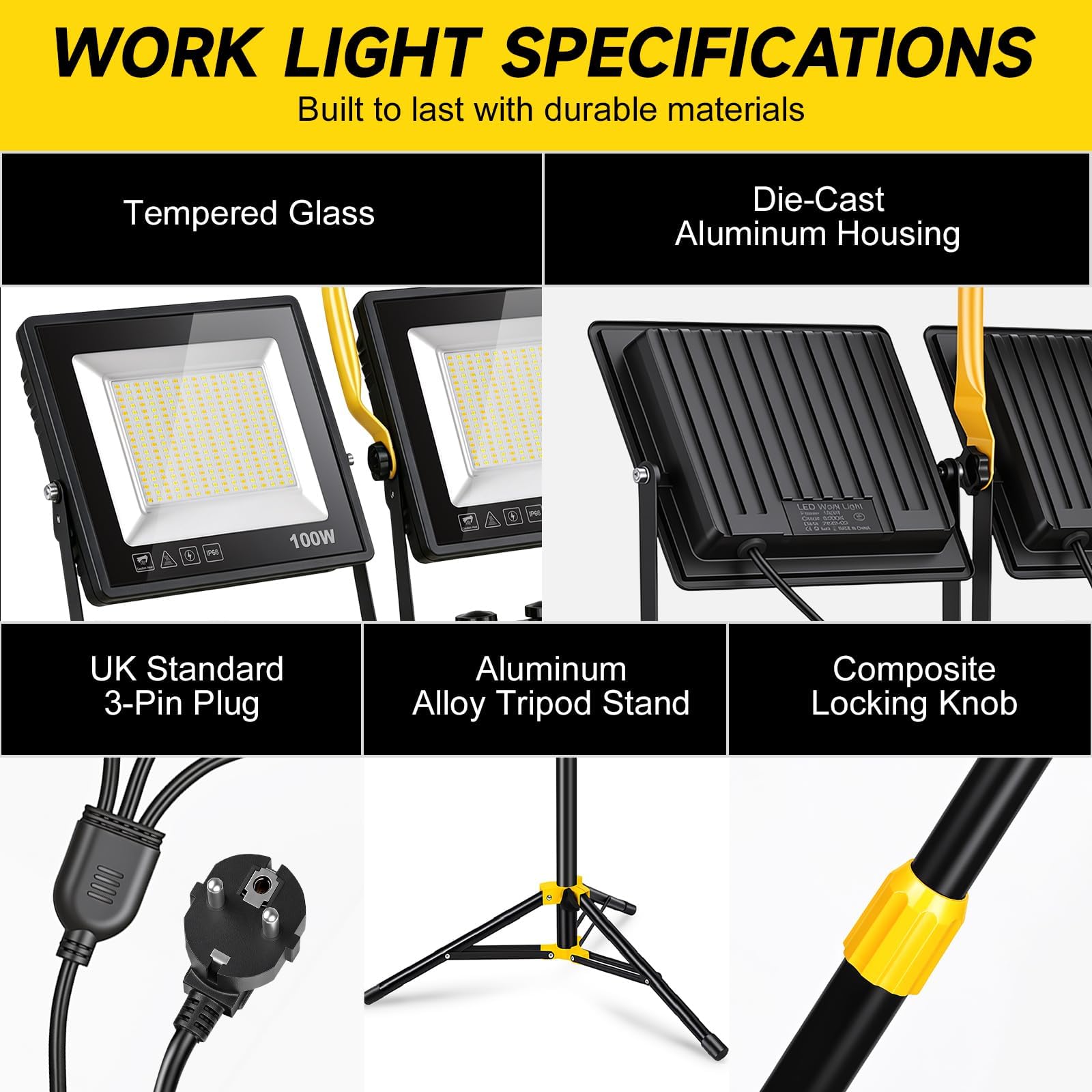 Baustrahler LED mit Stativ | LED Baustrahler 30000LM | 300W （ 3x 100W) Dreifarbig | IP66 Baustellenlampe mit 5 m Netzkabel | Höhenverstellbar 160cm