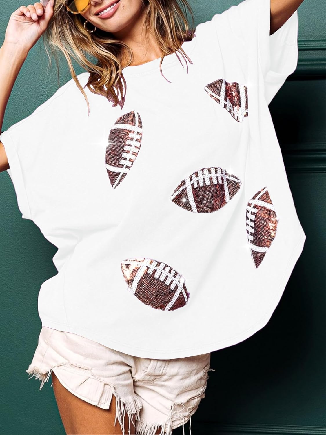Womens Sparkle Football Sequin Rugby Tee Game Day Pullover T-Shirt Crewneck Oversized Short Sleeve Washed Tops - Image 2