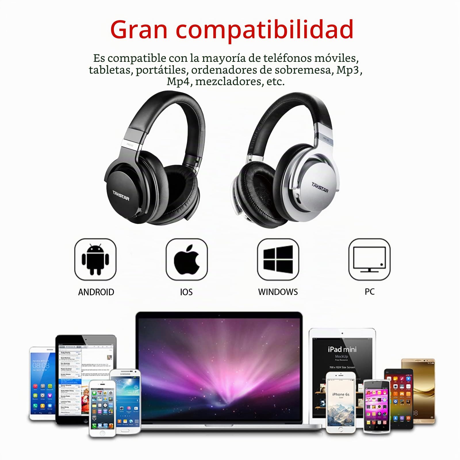 Takstar Pro82 - Auriculares de monitor de estudio con cable, 3 niveles de ajuste de graves, estéreo de alta fidelidad, cancelación de ruido dinámica, respuesta de frecuencia de 10 Hz-20 kHz para