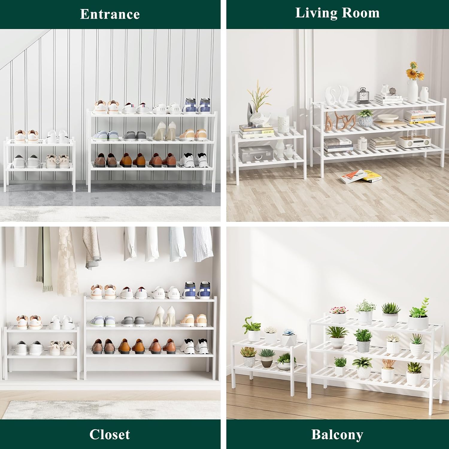 Smiry Shoe Rack, 2 Tier Long Bamboo Shoe Organizer, Stackable Free Standing Wooden Shoe Storage Shelf for Closet, Entryway, Front Door Entrance, White