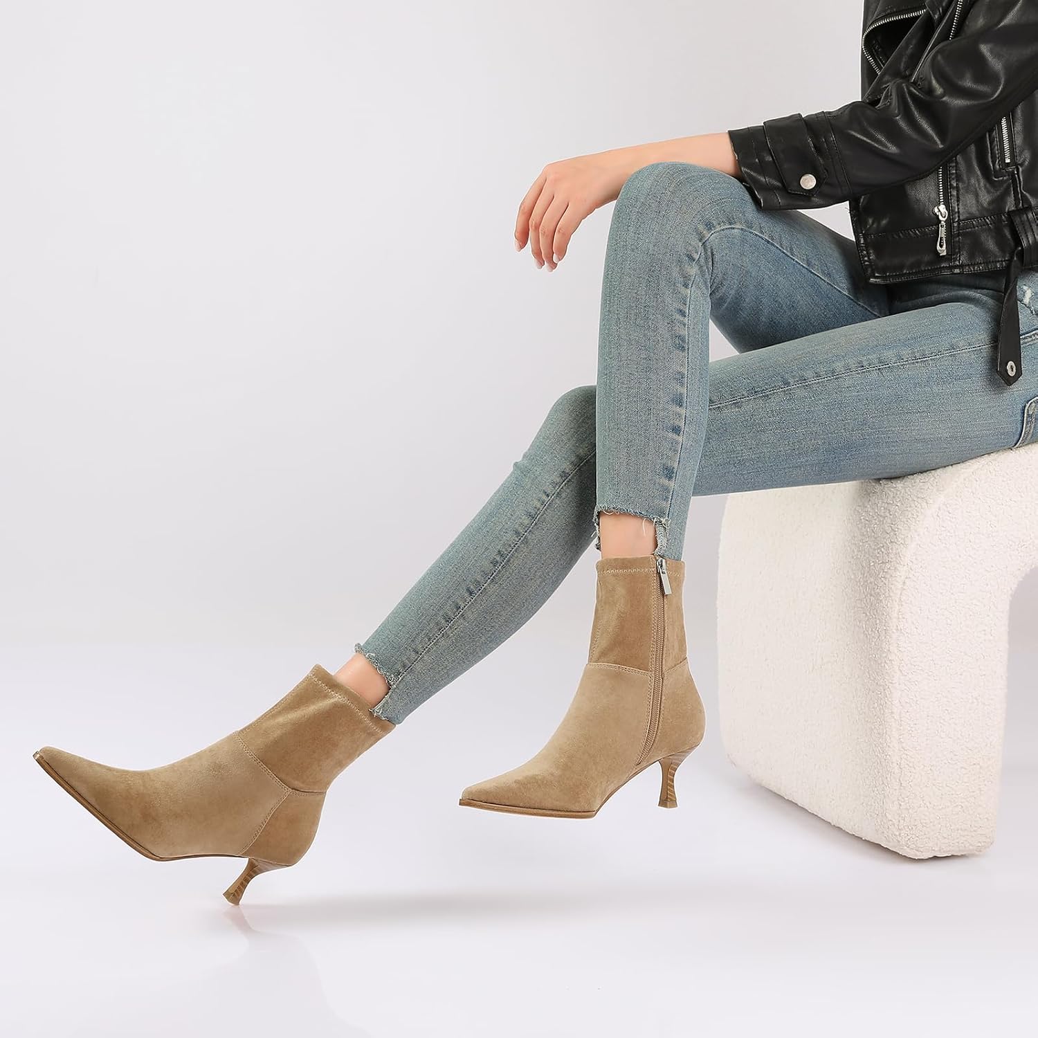 RIBONGZ Ankl Boots for Women Stiletto Kitten Heel Sexy Cowgirl Booties Side Zipper Pointed Toe Low heels Fall Dressy Mid Calf Short Fashion Winter Leather or Suede Work Party Office Shoes - Image 5