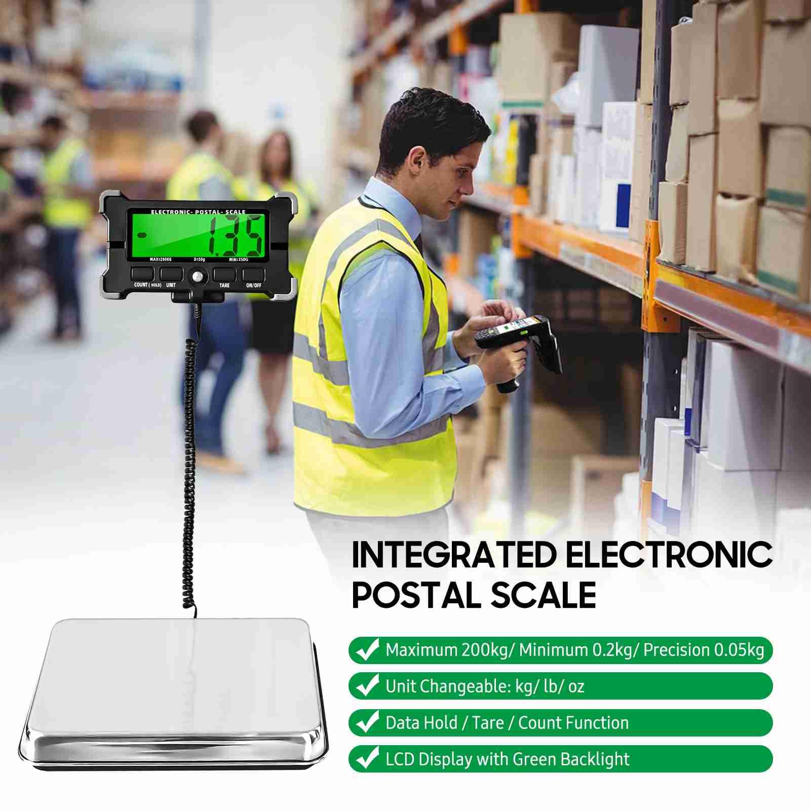 Bilancia per Spedizioni con Doppia Alimentazione, Bilancia Postale Elettronica Anticaduta con Retroilluminazione Verde, capacità 200 Kg (200 kg)