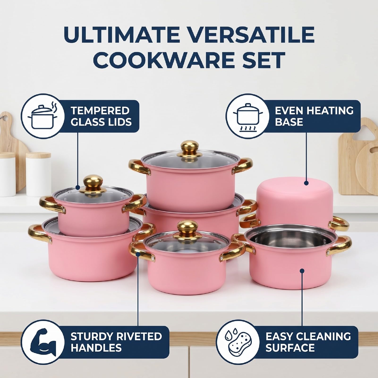 Generic Zestaw naczyń ze Stali Nierdzewnej 16 Cm 18 Cm 20 22 24 Trwałe Garnki do Gotowania w Domu ze Szklanymi Pokrywkami (PINK)