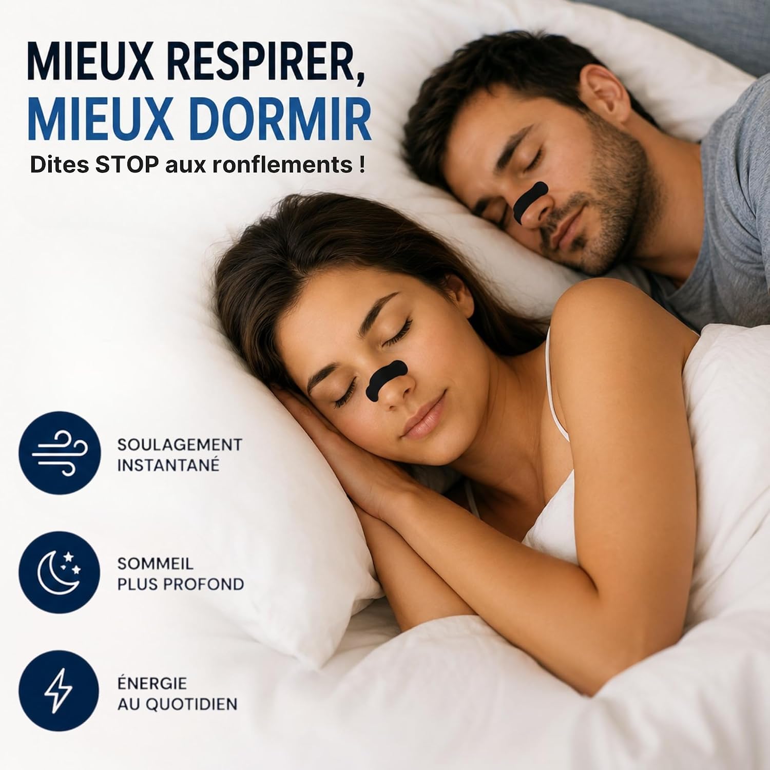 Bandelettes Nasales Noires x30, Anti Ronflement, Augmente le Flux d'Air et Améliore la Res - Mise en situation et utilisation