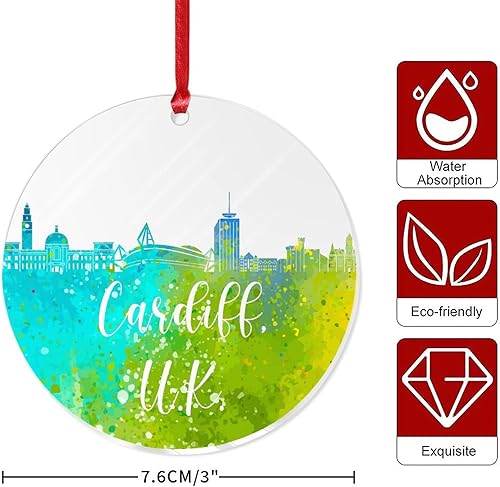 Miniatura 6 de Acrylic Ornament Blanks Colorful City Silhouette United Kingdom Cardiff Personalized Acrylic Glass Ornament with Hole Religious Christmas Keepsake