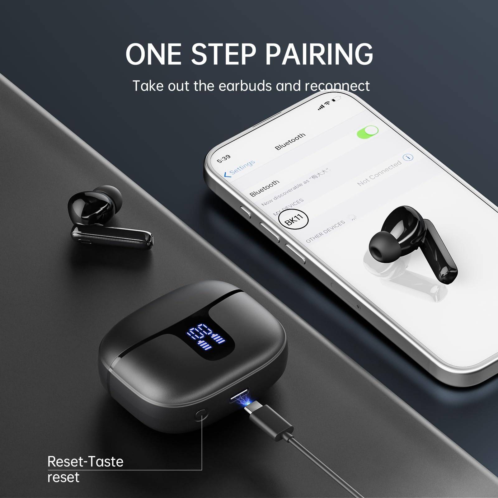 Ecouteurs Bluetooth sans Fil,Écouteurs sans Fil Intra-Auriculaires HiFi Stéréo avec Réduction de Bruit ENC,40H d'Autonomie,IP7 Étanche,Écran LED,Appairage en un Pas, Pour Sport/Téléphone/Travail