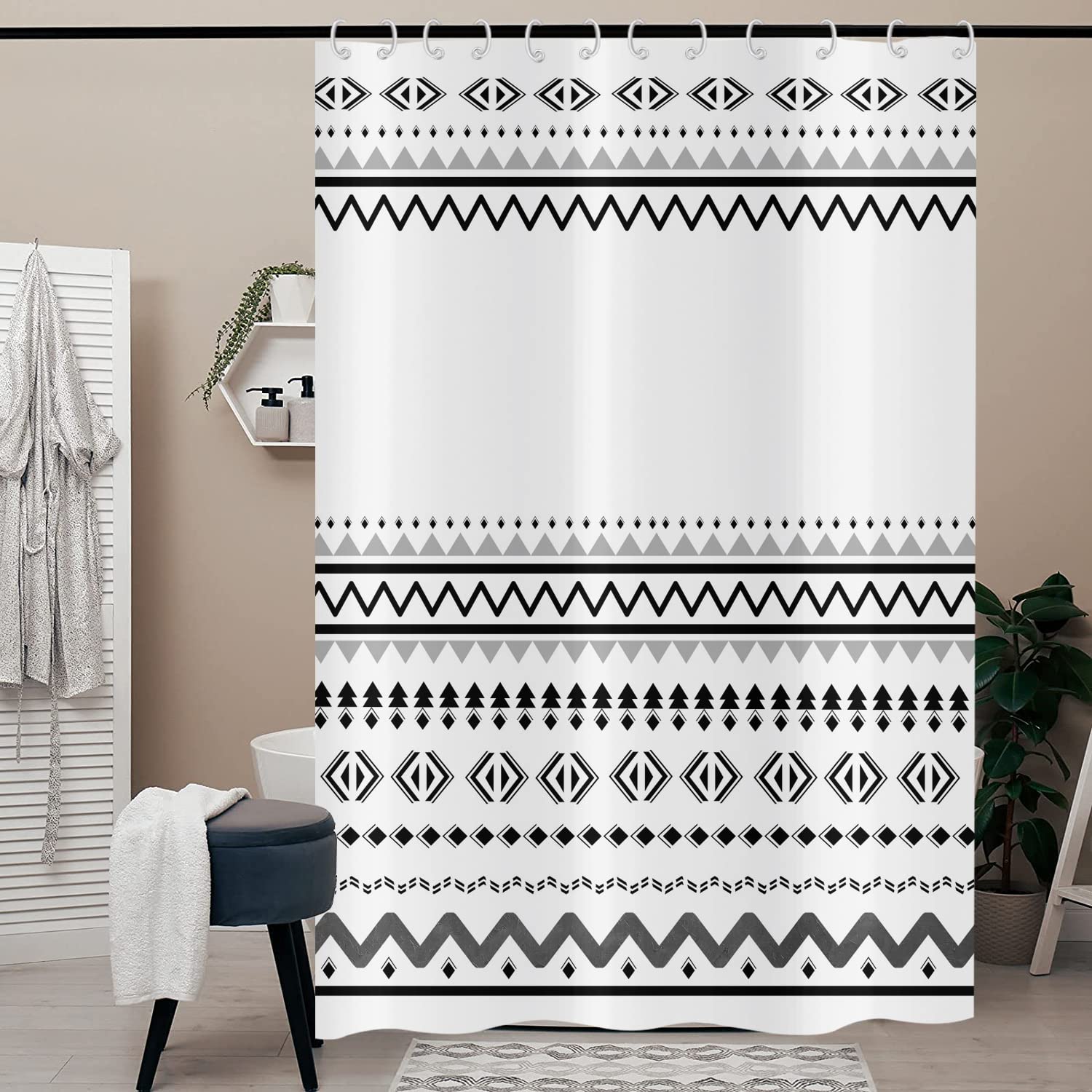 Hnmdmyi Boho Shower Curtain 200x180, Black and White Shower Curtains Farmhouse Geometric Tribal Bohemain Bathroom Curtains with Hooks Waterproof Polyester Fabric Washable Bath Curtains for Wet Room