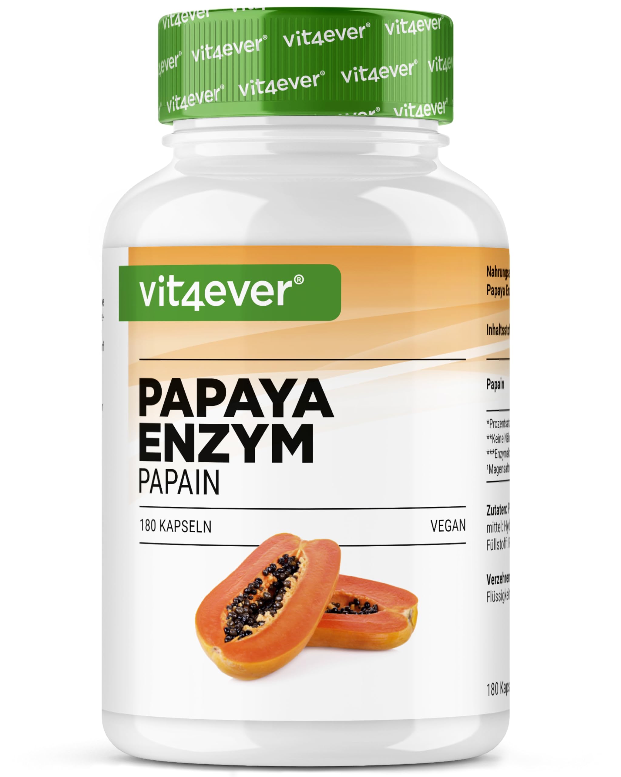 vit4ever Enzima di Papaya ad Alto Dosaggio - 2100 mg di Papaina da Papaya - 12.600.000 U di Attività Enzimatica - 180 Capsule Vegane Gastroresistenti - Senza Additivi Inutili